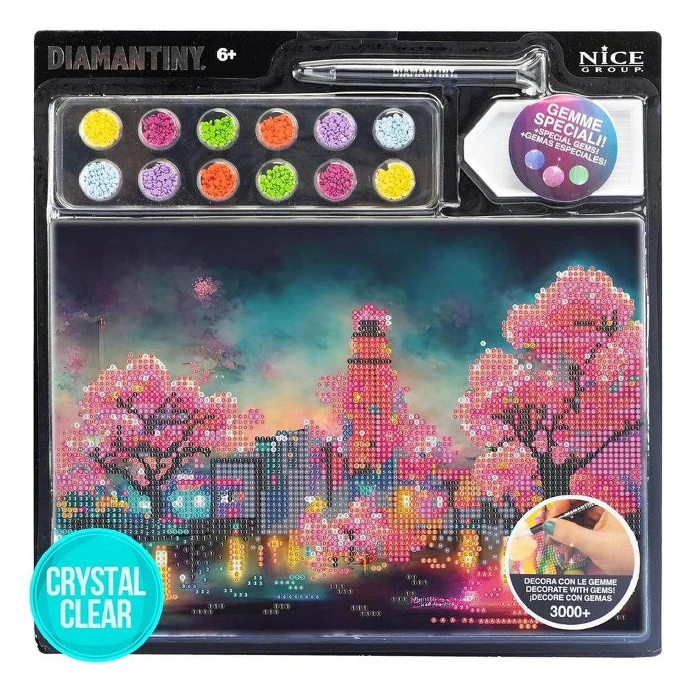 Nice - Diamantiny Artist Level Up Painting On Canvas packaging with colorful cityscape, gemstone decals, and "CRYSTAL CLEAR 3