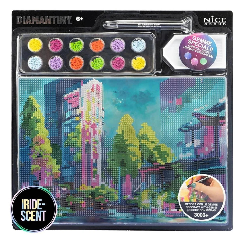 DIAMANTINY Artist Level Up painting kit in glossy packaging features a colorful cityscape, six gemstone shapes, and decorativ