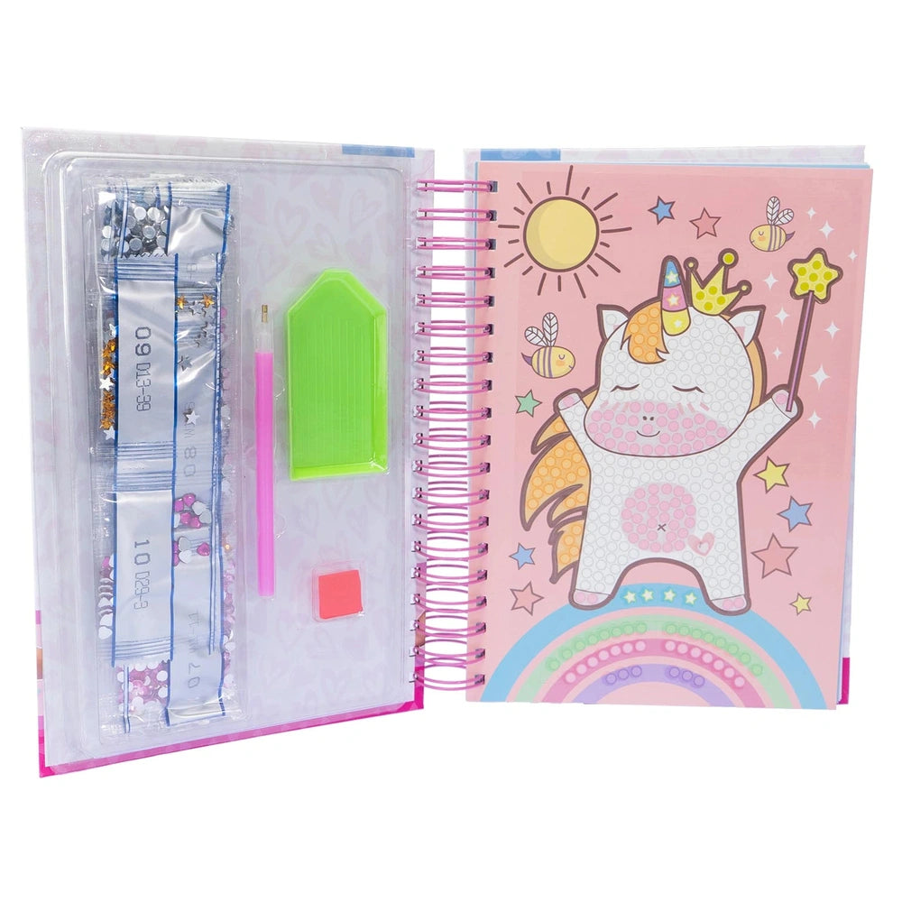 NICE Diamantiny Coloring Book features a pink and white cover with a green unicorn, yellow sun, and vibrant rainbow designs.