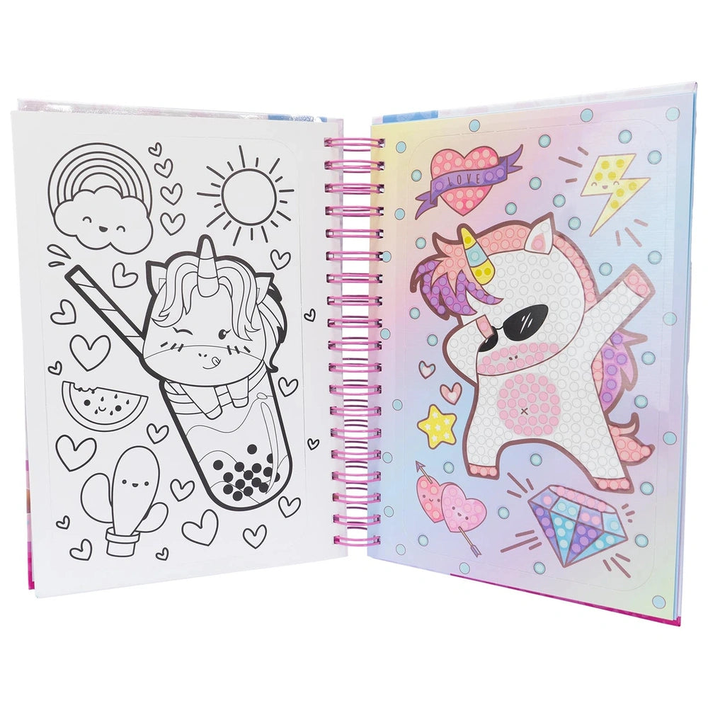 NICE Diamantiny Coloring Book features a glossy cover with unicorn, sun, cloud, watermelon, and heart illustrations on smooth