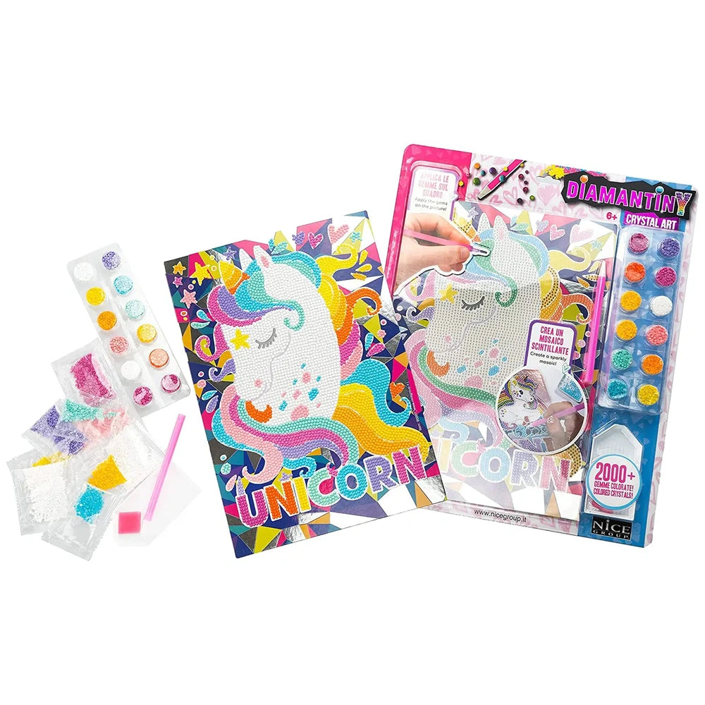 Nice Diamantiny Crystal Art Design Set packaging featuring a unicorn figure and various icing decoration tools in vibrant col