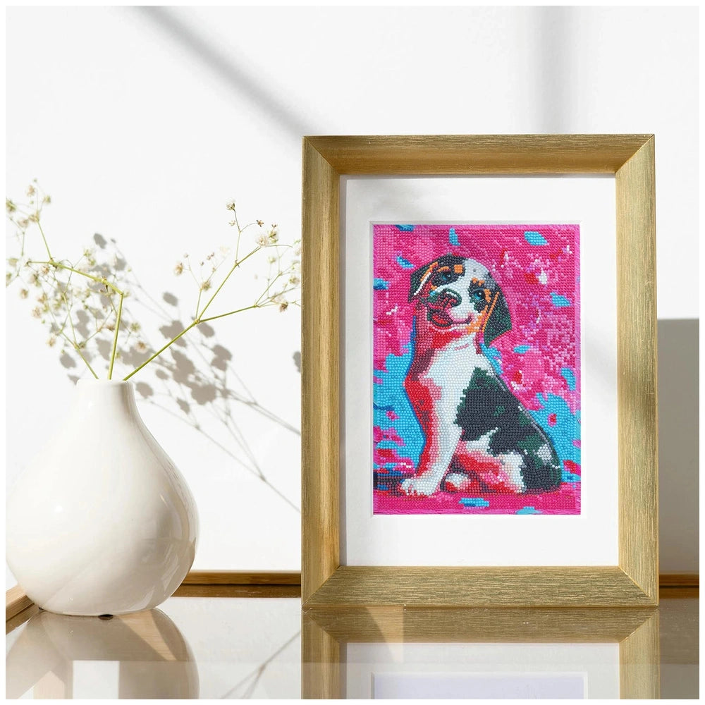 NICE Diamantiny Pets Coloring Arts Crafts featuring a black and white dog picture in a gold frame on a glass table with a whi