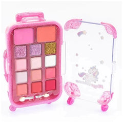 Magic Unicorn Trolley Makeup Set features a pink case with a glossy finish, clear window, and a colorful 12-square makeup pal