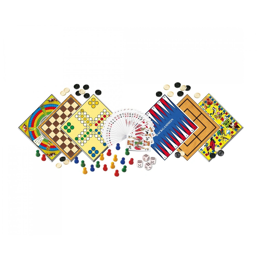 Noris 200 Games Collection featuring colorful playing cards, chessboard, dominoes, and assorted game pieces.