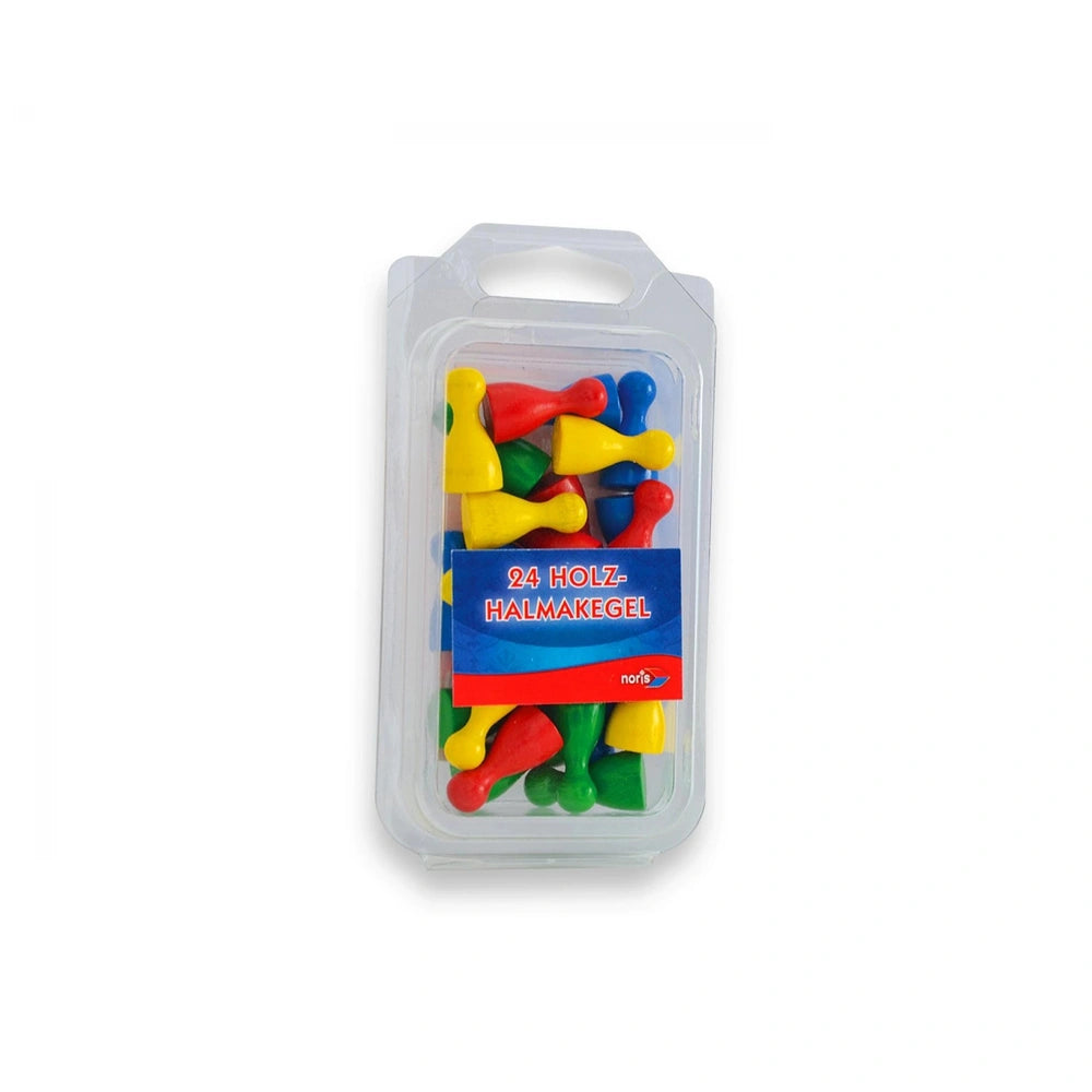 Noris - 24 Wooden Halmastones, colorful crafting pieces in a clear package, suitable for board games and creative projects.