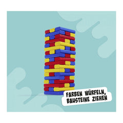 Noris 3 colorful building block games featuring vibrant stacked blocks in blue, red, and yellow on a light blue background.