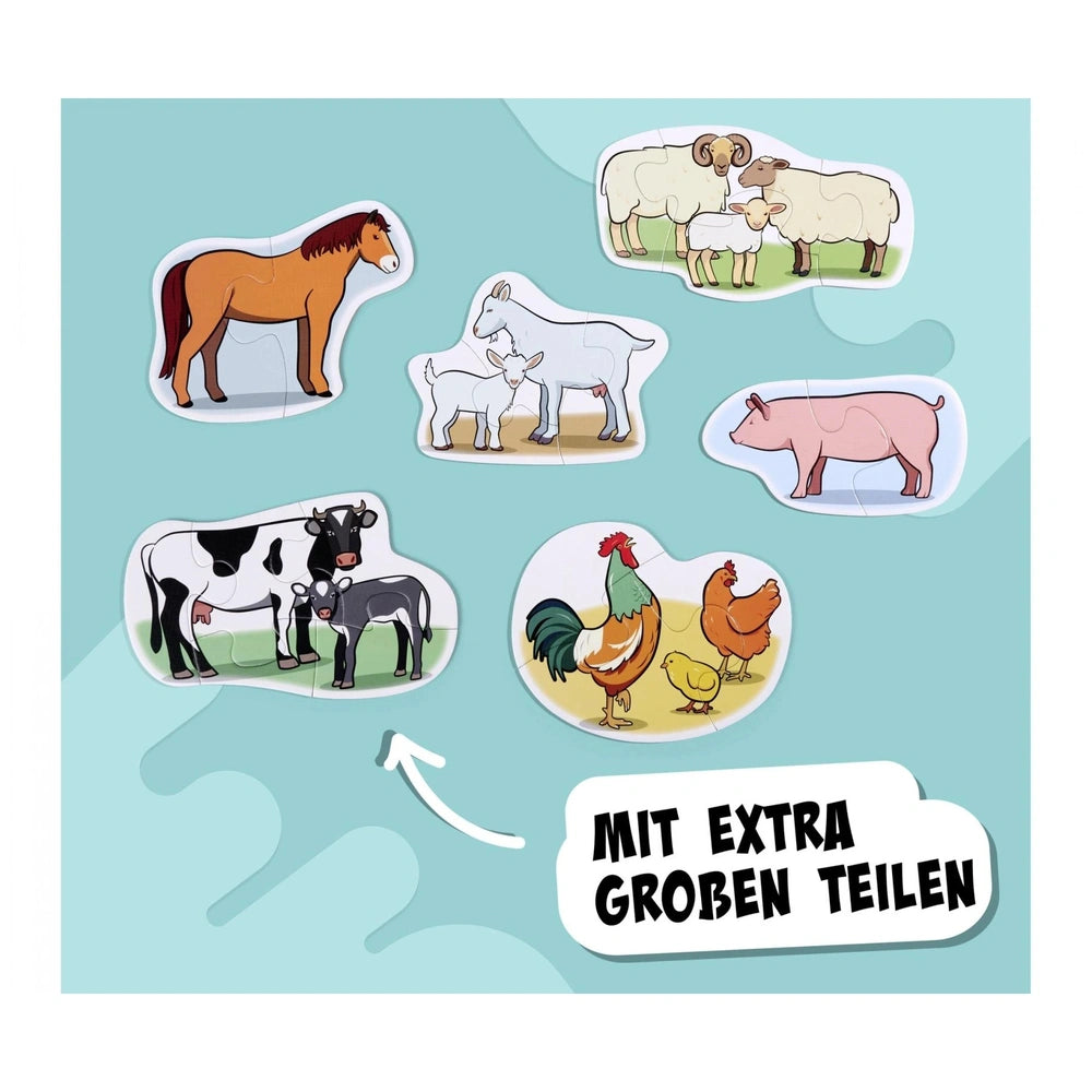 Noris 6 First Puzzles featuring cartoon farm animals on a playful blue background, designed for young children.
