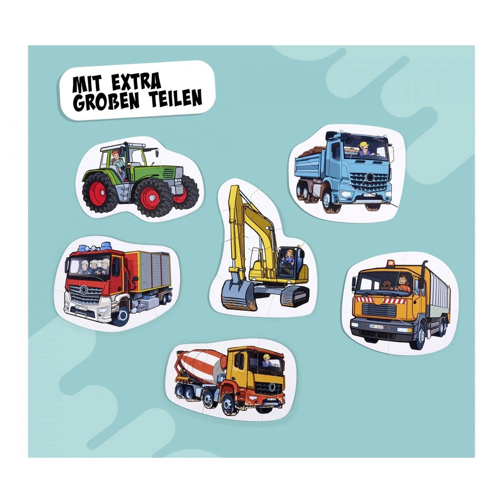 Noris 6 first puzzles featuring colorful vehicle stickers including tractors, trucks, and excavators, ideal for educational p