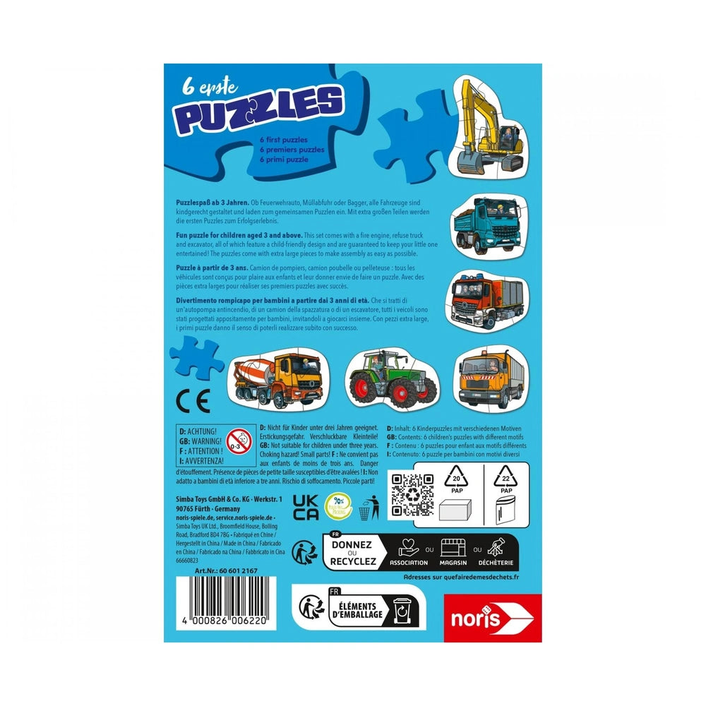 Noris 6 First Puzzles - Vehicles packaging featuring colorful construction vehicle illustrations for children aged 3-6.