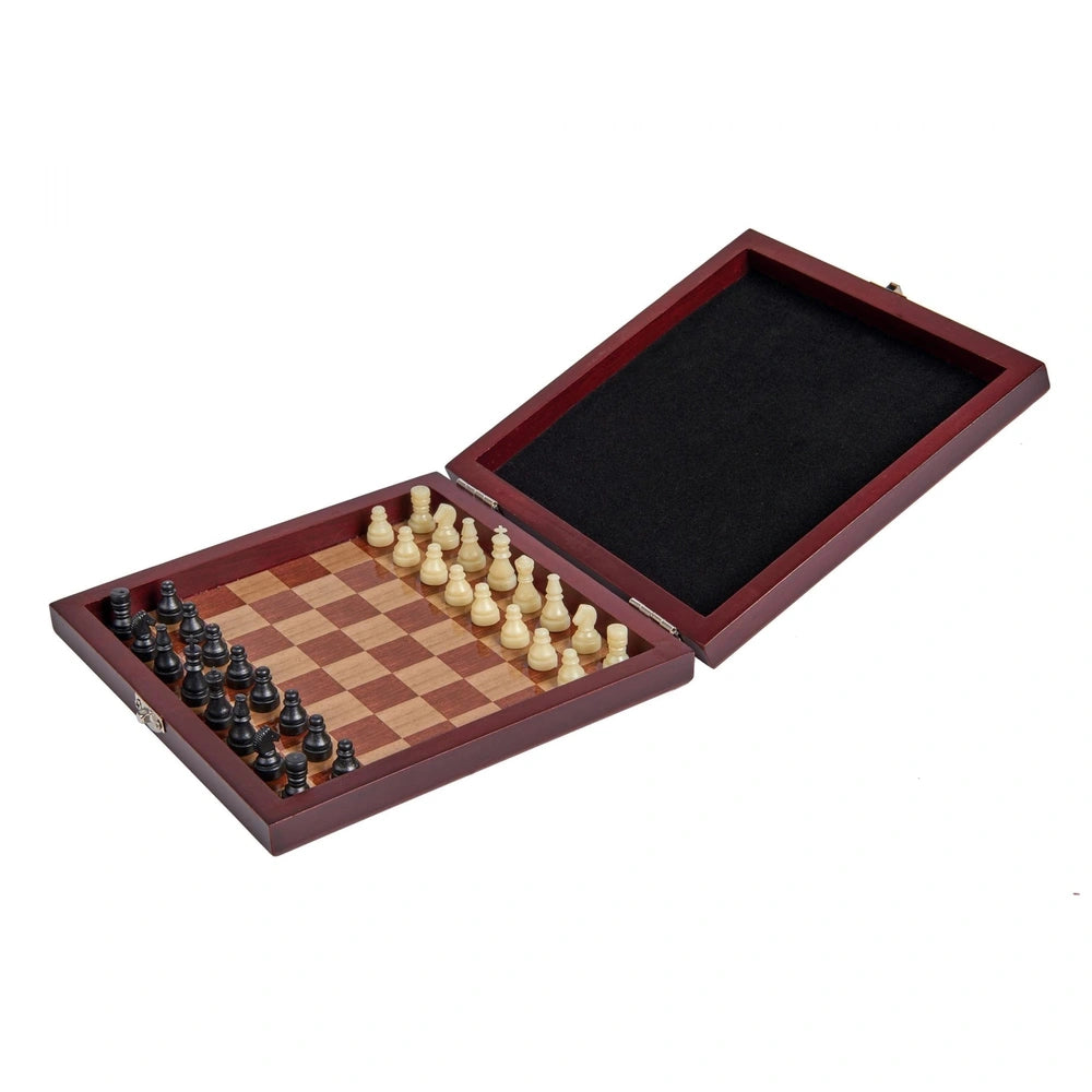 Noris Deluxe Magnetic Chess set in a wooden box, featuring black and white pieces arranged on an elegant board.