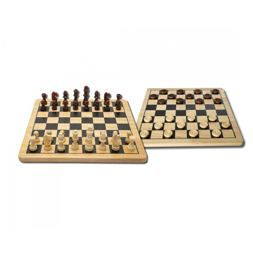 Noris Deluxe Wooden Chess & Checkers sets featuring classic boards and pieces in light and dark wood tones.