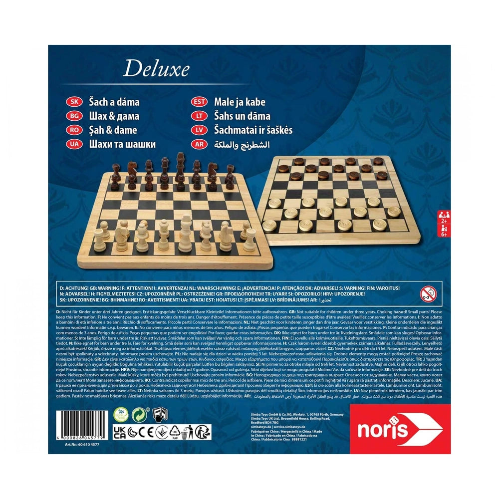 Noris Deluxe Wooden Chess & Checkers set packaging featuring two chess boards, elegant floral patterns, and high-quality wood
