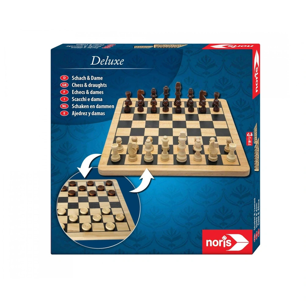 Noris Deluxe Wooden Chess & Checkers board game set, featuring a floral box design and a detailed chess board graphic.