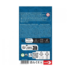 Noris Four in a Row board game label showing recyclable materials, certification marks, and information in multiple languages