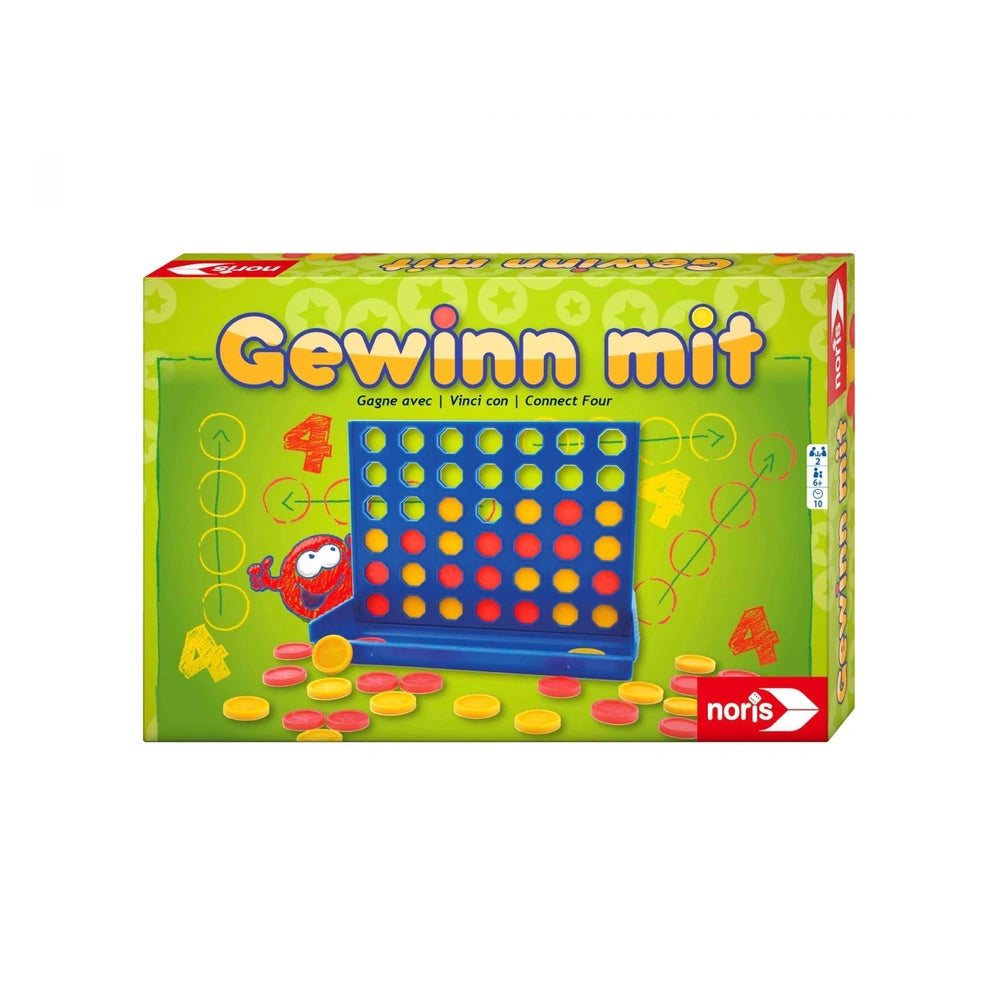 Noris Win with board game features a colorful design, cartoon dog character, and is suitable for ages 4 and up.