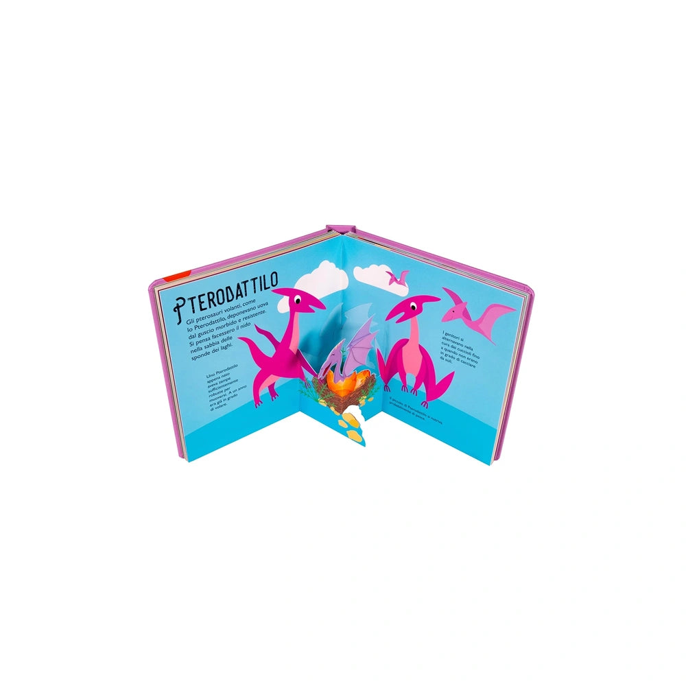 NUINUI Dinosaur Puppies book featuring colorful pink and orange dinosaurs on left and yellow and green dinosaur on right page