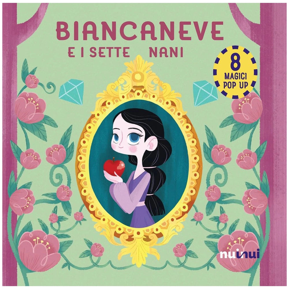 NUINUI - Snow White holding a red apple, wearing a purple dress with a white collar, surrounded by glossy pink flowers.