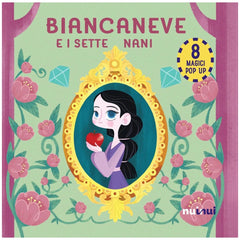 NUINUI - Snow White holding a red apple, wearing a purple dress with a white collar, surrounded by glossy pink flowers.