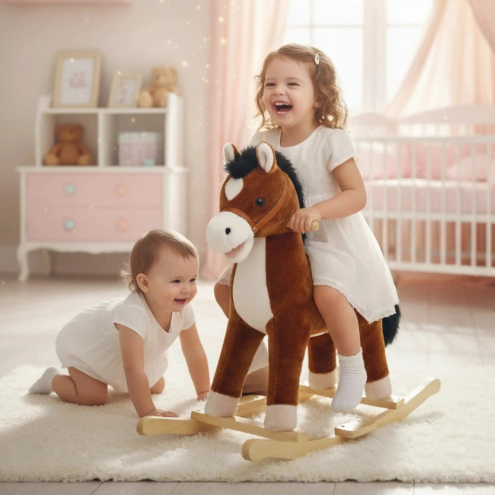 Two children playing with a 65 cm wooden and plush rocking horse on a white carpet in a bright room.