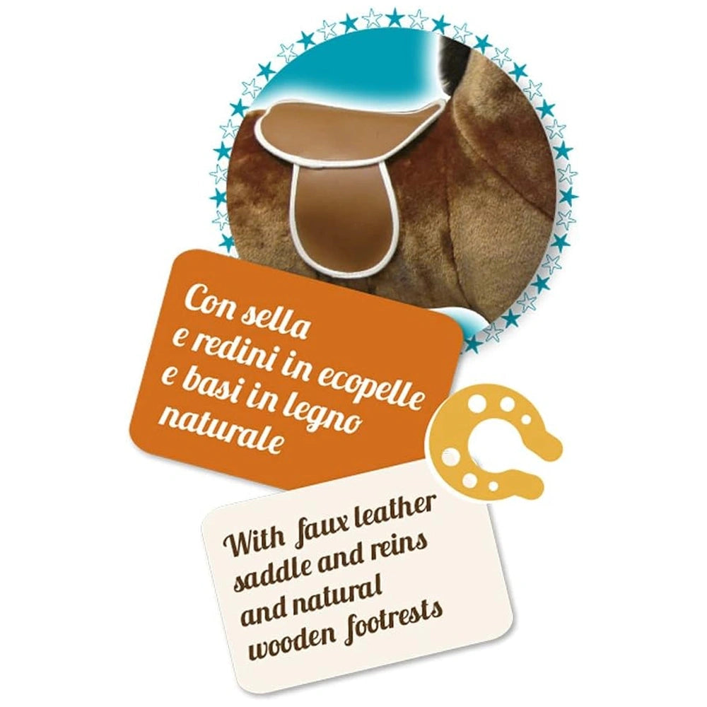 ODS My Vip Rocking Horse with Sounds features a brown silhouette, faux leather saddle, yellow hoofs, and blue stars on a whit