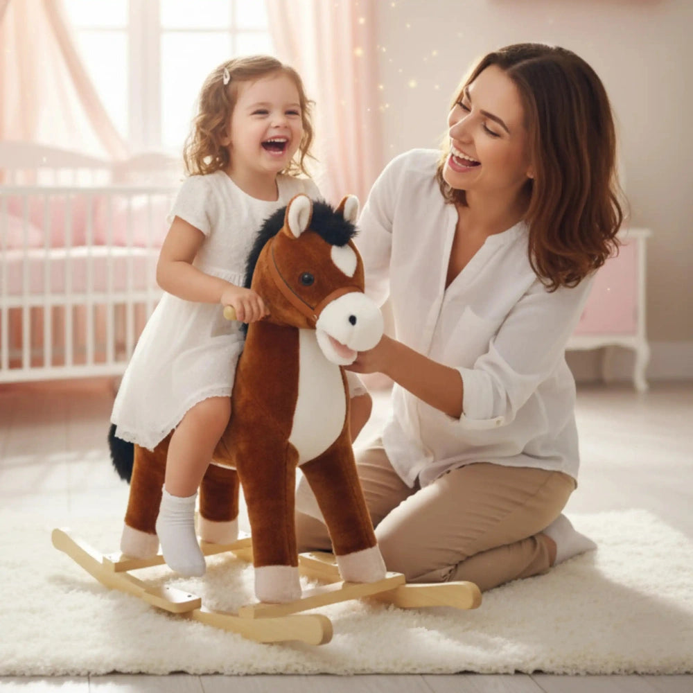 My Vip Rocking Horse with Sounds features a wooden base and plush body, with a child riding it in a pink-themed room.