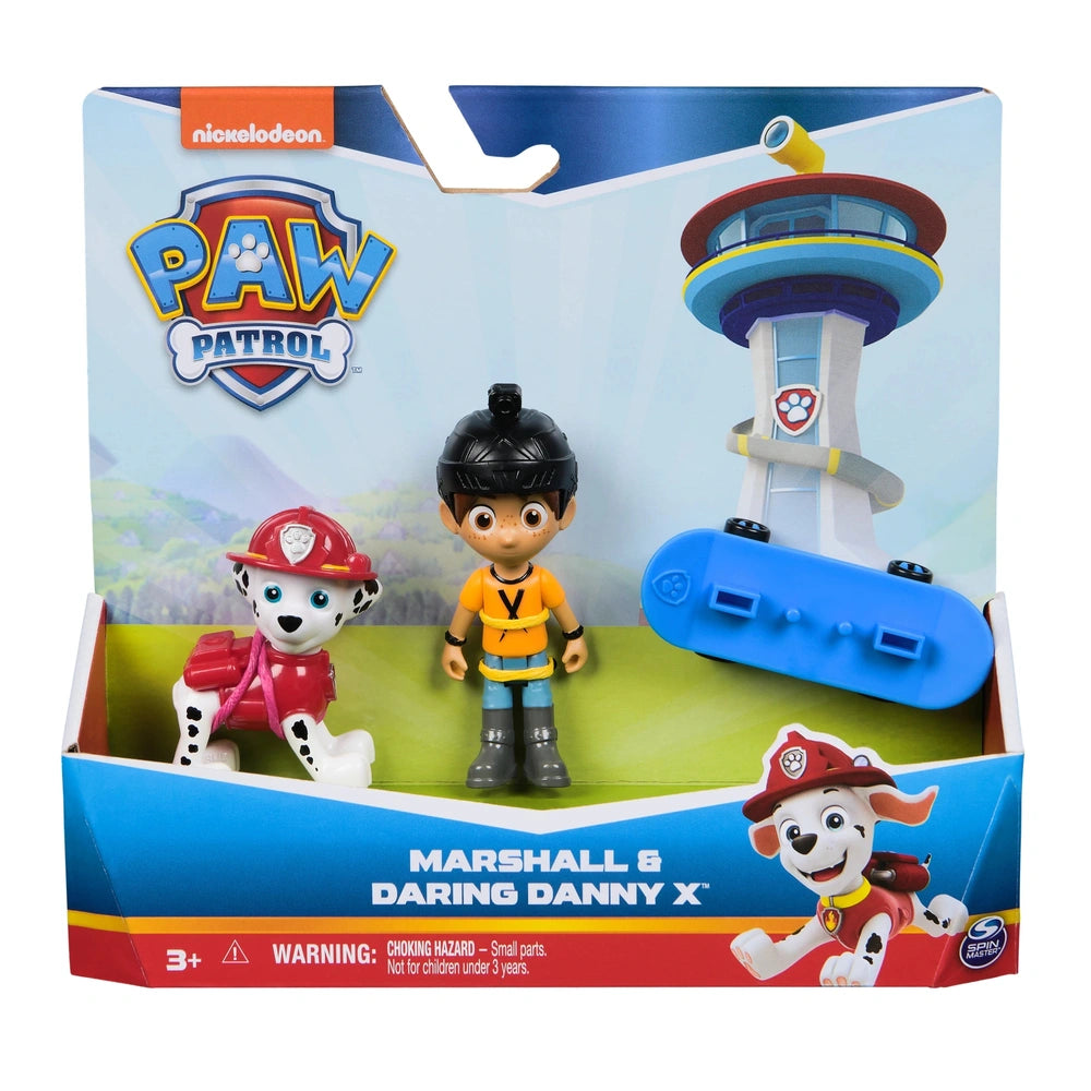Paw Patrol Action Pups toy set features a character in yellow and a dog in firefighter gear, all in a colorful illustrated bo