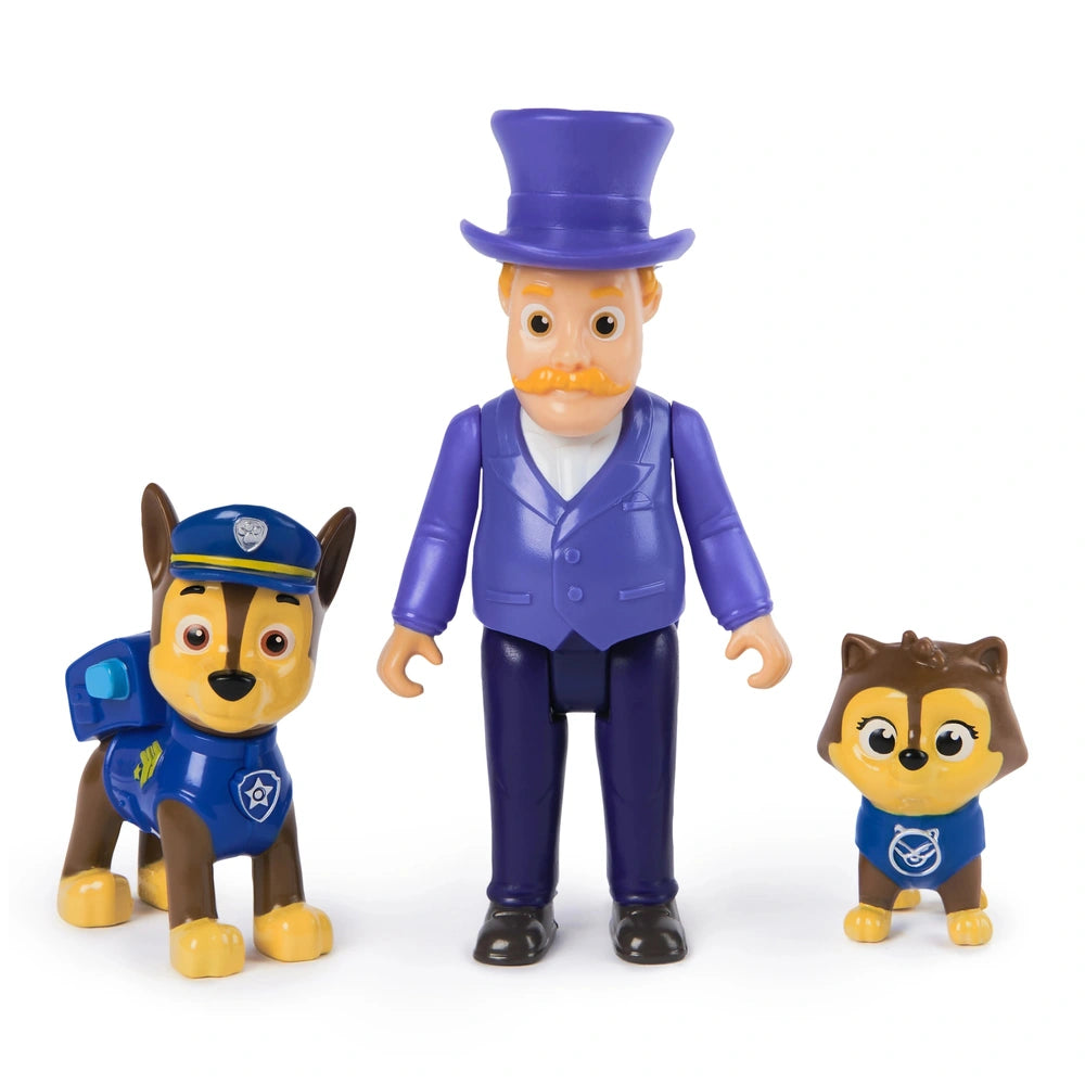Paw Patrol Action Pups toy figures in various colors, featuring a humanoid and two smaller characters, posed against a white 