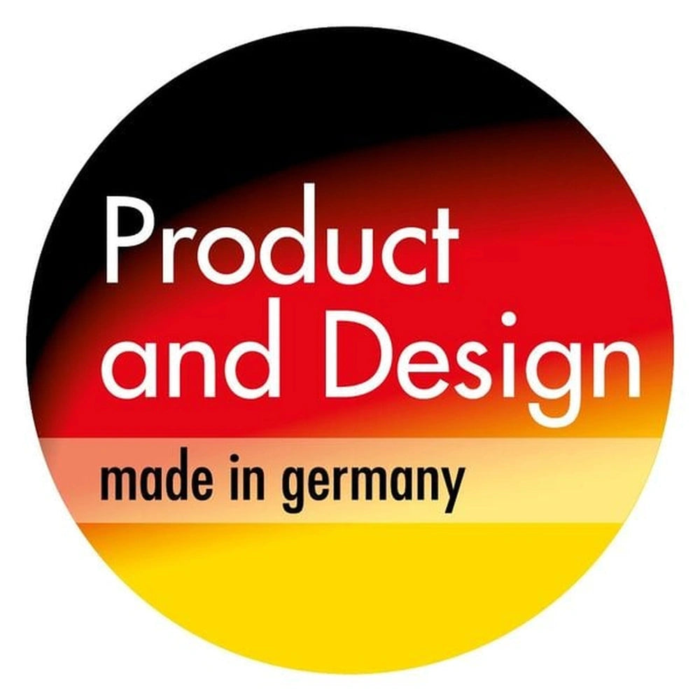 Round badge with red, yellow, black gradient, reads 'Product and Design made in Germany'.