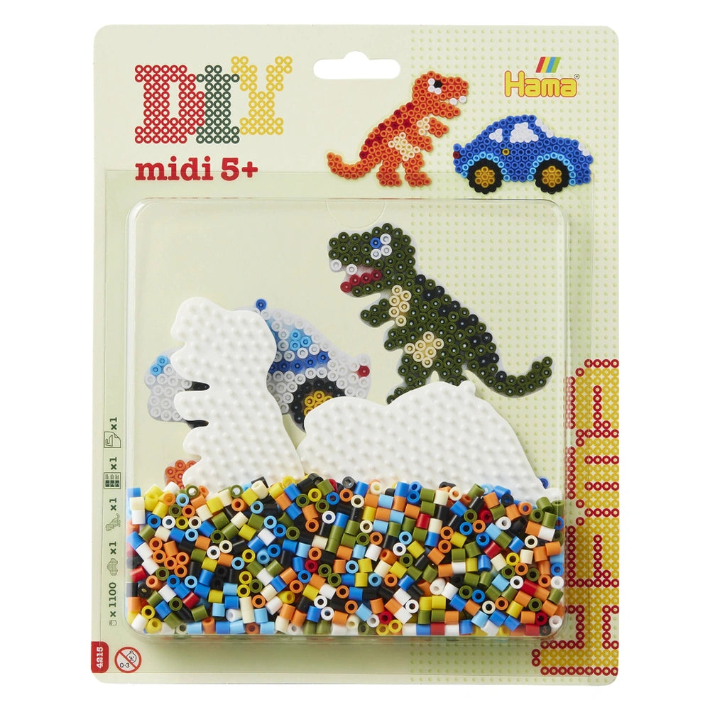 Pet Hama Iron-on Bead Set packaging features colorful beads, a dinosaur, and a car, with DIY and midi 5+ text visible.