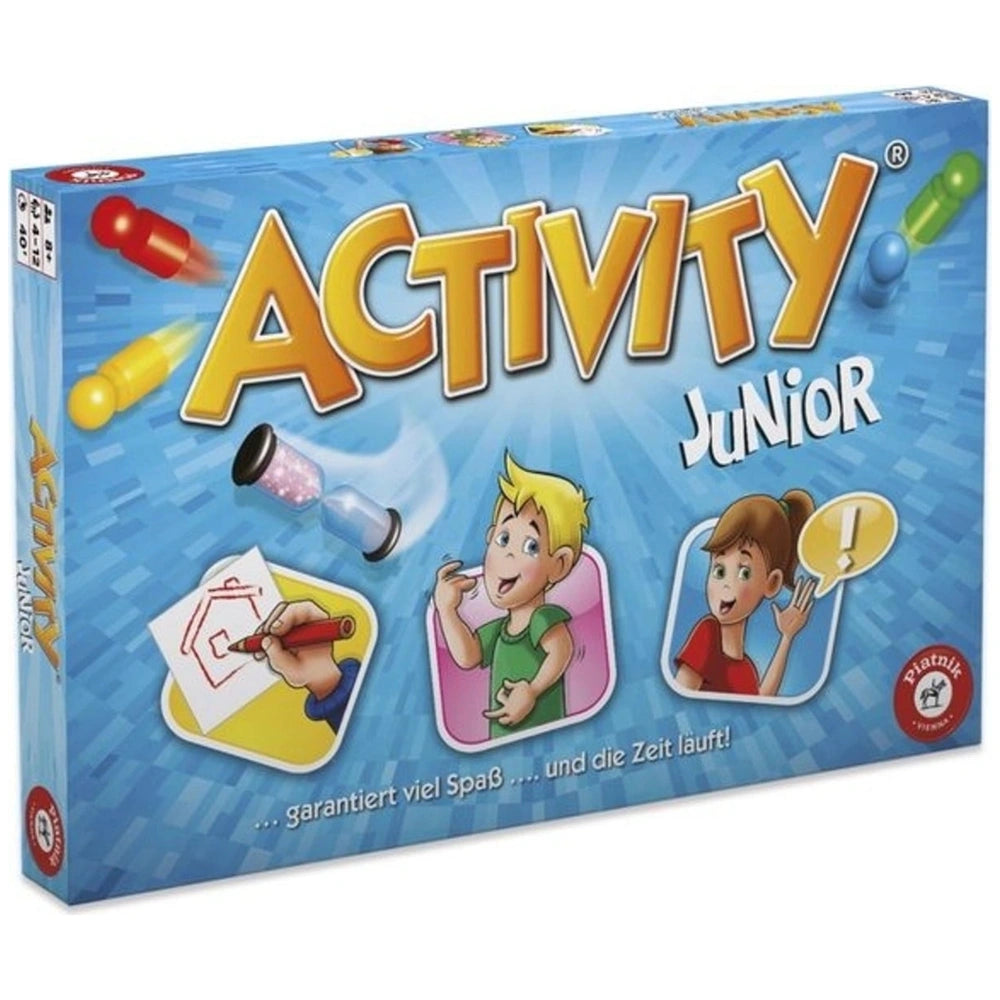 PIATNIK Activity Junior board game packaging features glossy blue background with yellow "ACTIVITY" and white text.