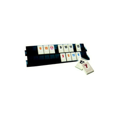 Rummikub Classic German Edition features two white plastic dice with black numbers and red symbols on a white surface.