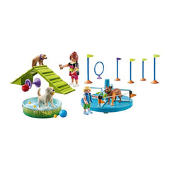 PLAYMOBIL Dog Park toy playset features a brown dog, green ramp, blue pool, and colorful accessories in a vibrant layout.
