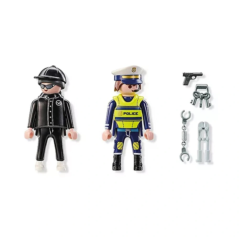 Playmobil DuoPack features a glossy plastic policeman in blue and yellow uniform with black hat, gun, and handcuffs.