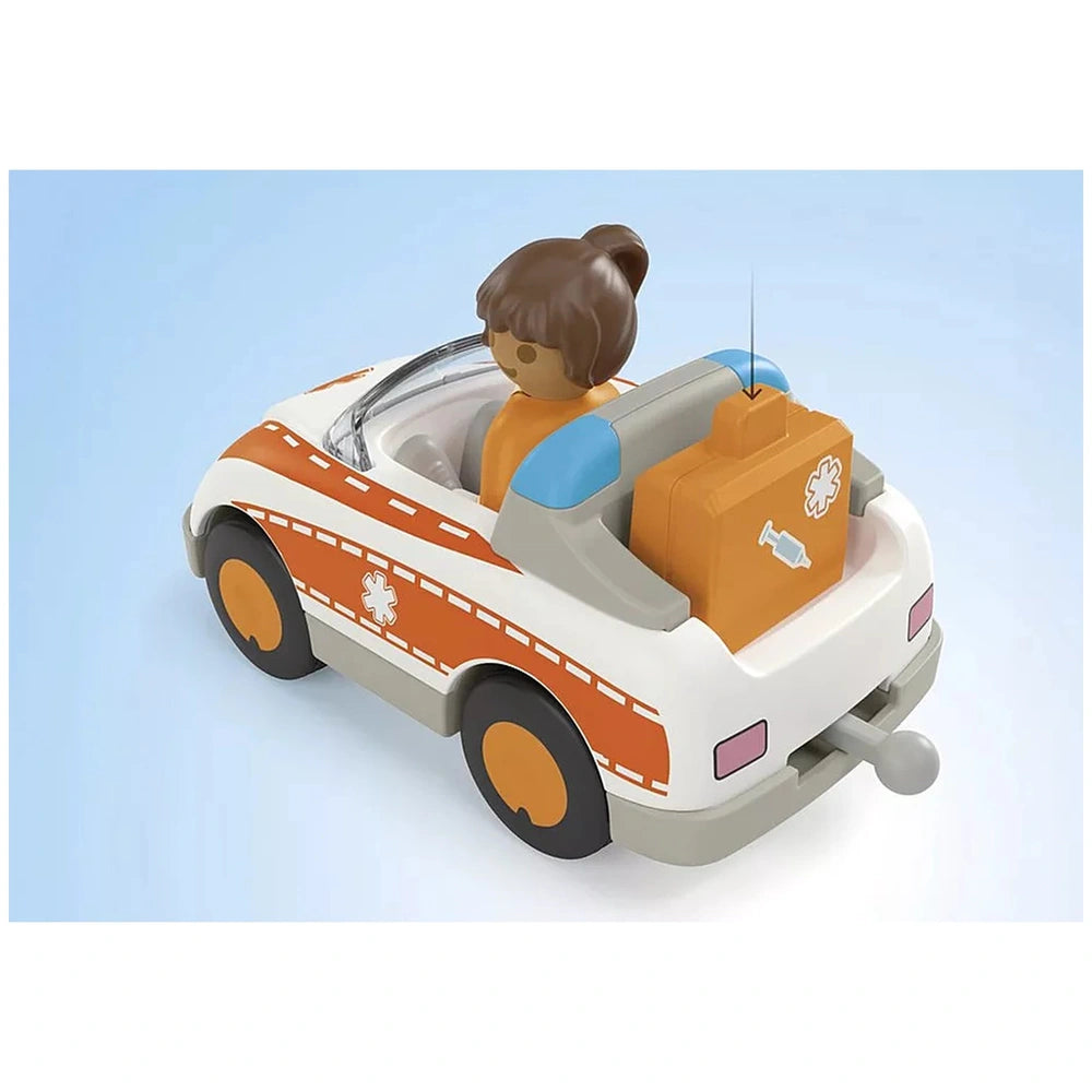 Playmobil Everyday Heroes toy playset features a glossy orange and white car with transparent roof and windows, black wheels,