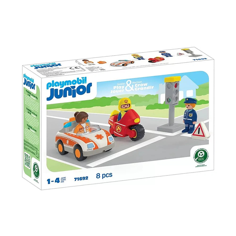 Playmobil Everyday Heroes toy playsets packaging features a red toy car, police and ambulance figures, and multiple road sign