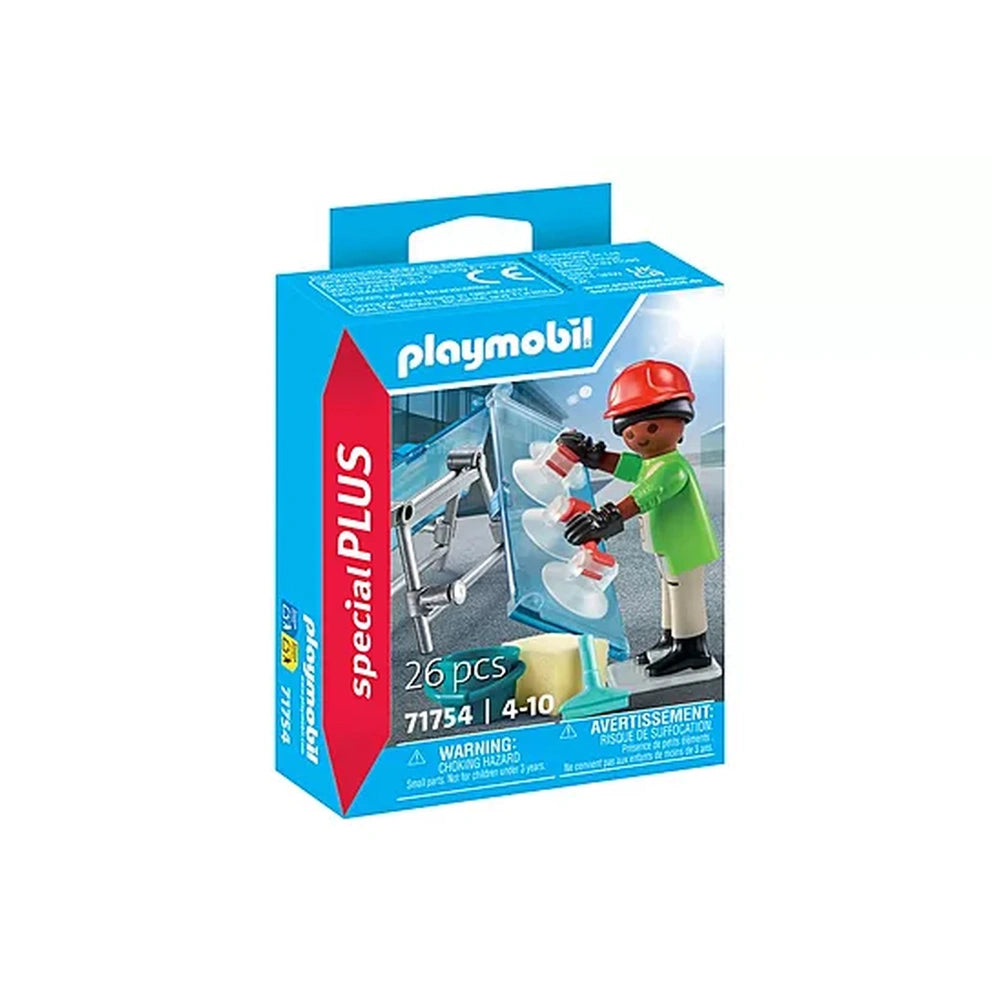 PLAYMOBIL Glazier toy playsets in blue cardboard packaging with a glossy transparent window and multiple colored borders.