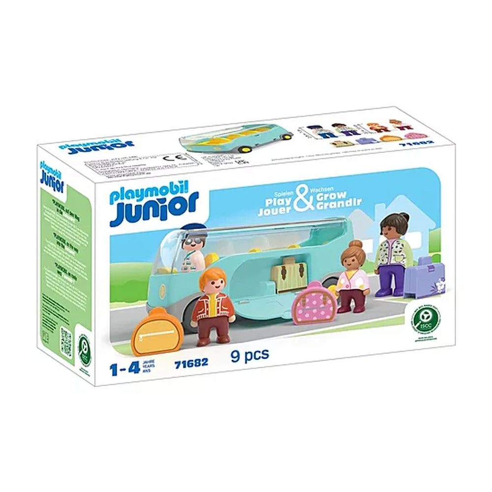 Playmobil Junior Airport Shuttle Bus toy playset in cardboard packaging with clear plastic window and blue and white printed 
