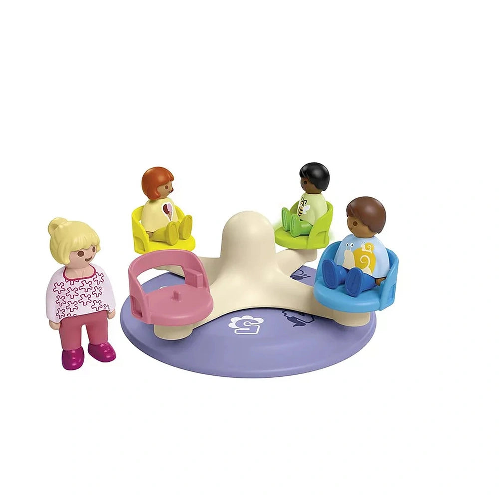 Playmobil Junior Number Merry-Go-Round toy features four colorful dolls on a circular purple base.