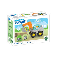 Playmobil Junior Shovel Excavator toy in orange and gray packaging with a clear plastic window, blue and white printed text.