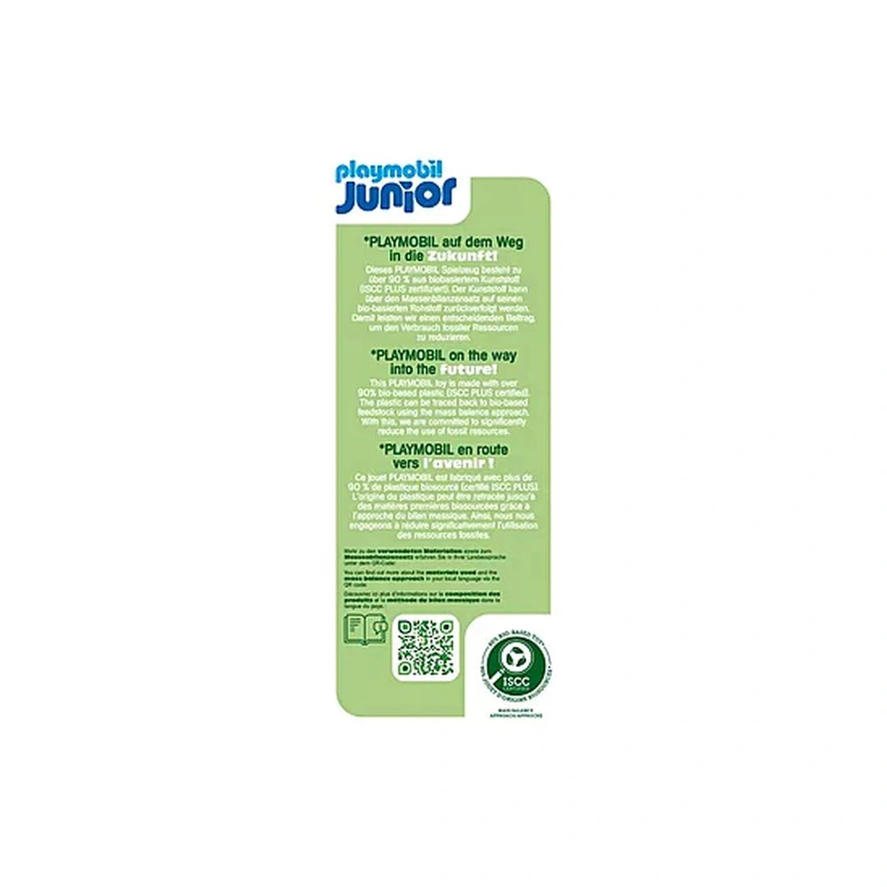 Playmobil Junior Shovel Excavator toy packaging features green background, white text, and a QR code for interactive play.