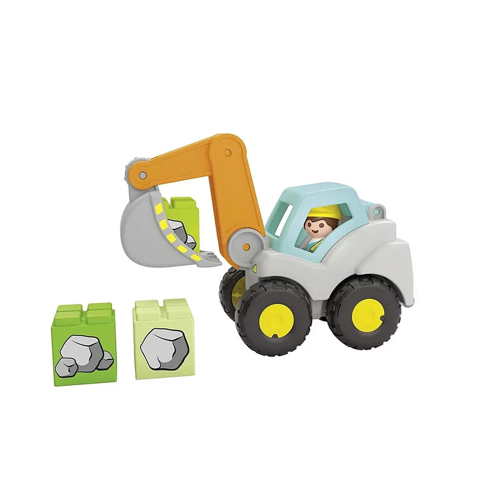 Playmobil Junior Shovel Excavator features an orange body, yellow and gray arms, and a sturdy gray construction head.