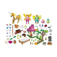 Playmobil Magic Unicorns Cozy Fairy Home Toy Playsets featuring a gold and white unicorn, and a fairy in a pink and green cos