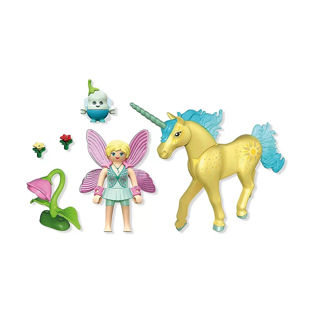 Playmobil Magic Unicorns Sunshine Blossom set features a fairy figurine with wings and a unicorn, surrounded by flowers and p