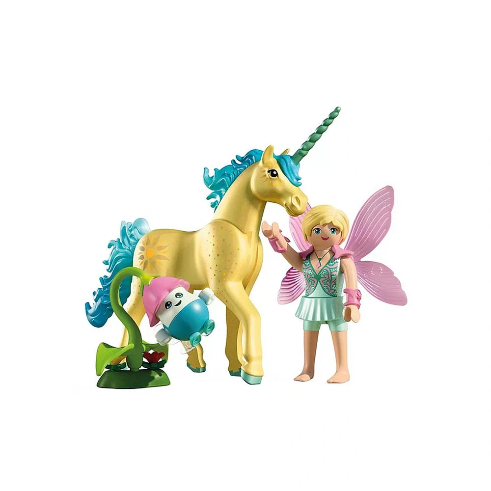 Playmobil Magic Unicorns Sunshine Blossom features a gold unicorn with blue mane and a fairy in a pink dress with green wings