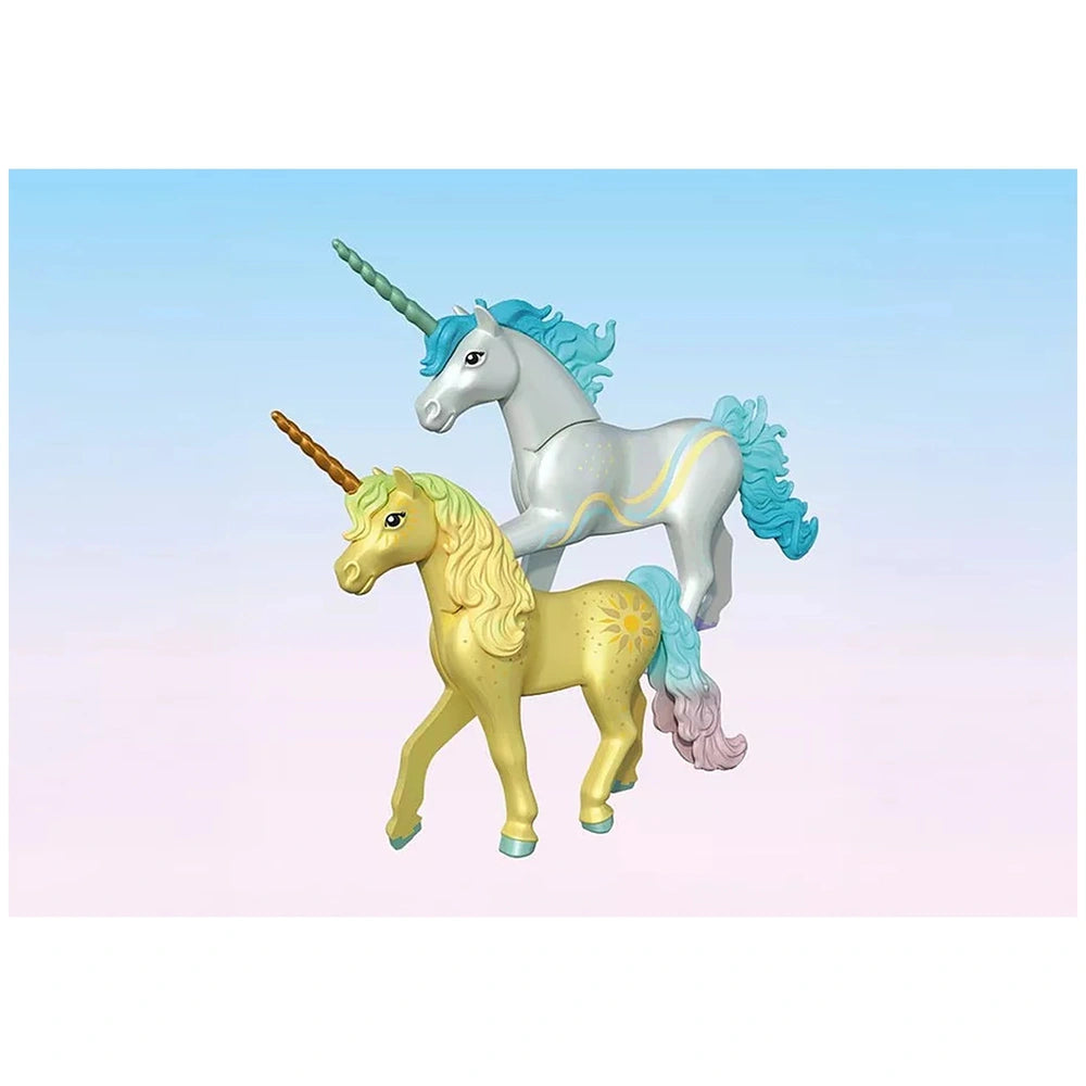 Playmobil Magic Unicorns Sunshine Blossom toy set features two glossy unicorn figures with yellow and blue manes against a li