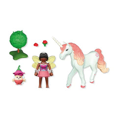 Playmobil Magic Unicorns toy playset features a pink-maned unicorn, fairy, tree, and mushroom, all on a plain white backgroun