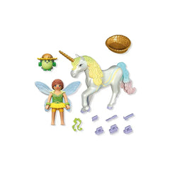 Playmobil Magic Unicorns playset features a shiny unicorn with a yellow mane and a fairy in a green dress with yellow wings.