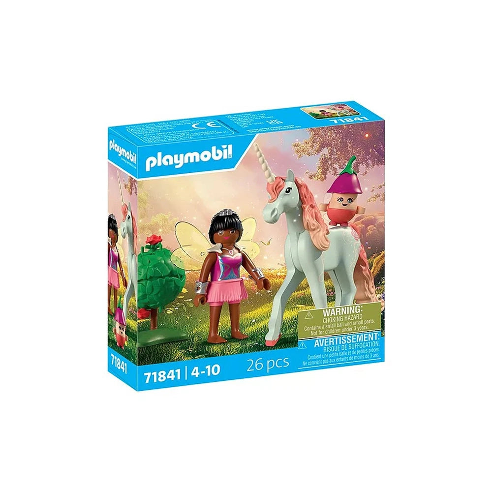 Playmobil Magic Unicorns toy playset packaging features a girl in a pink dress and a white unicorn against a pink and purple 