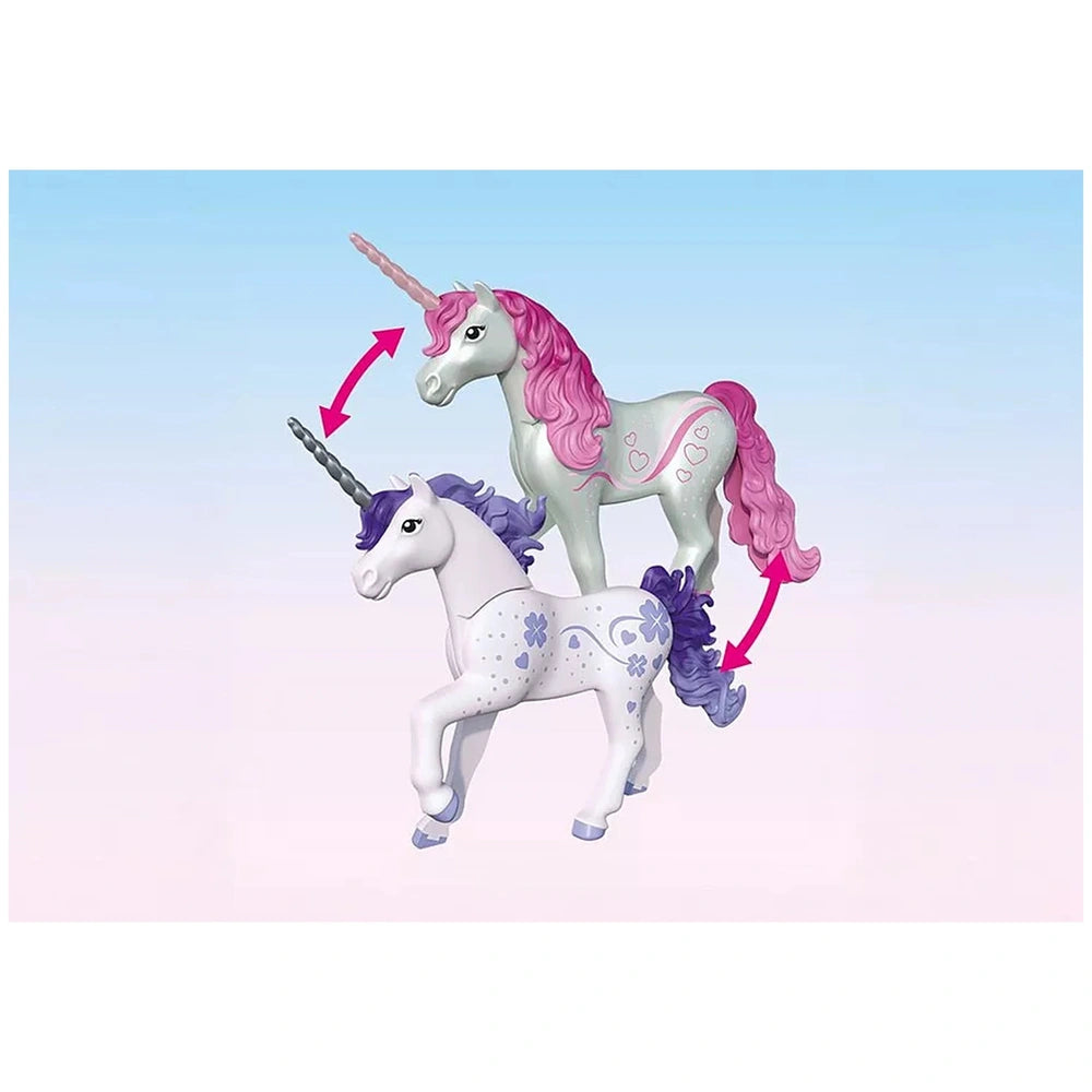 Playmobil Magic Unicorns toy playset features two glossy plastic unicorn figurines with purple and pink manes against a light