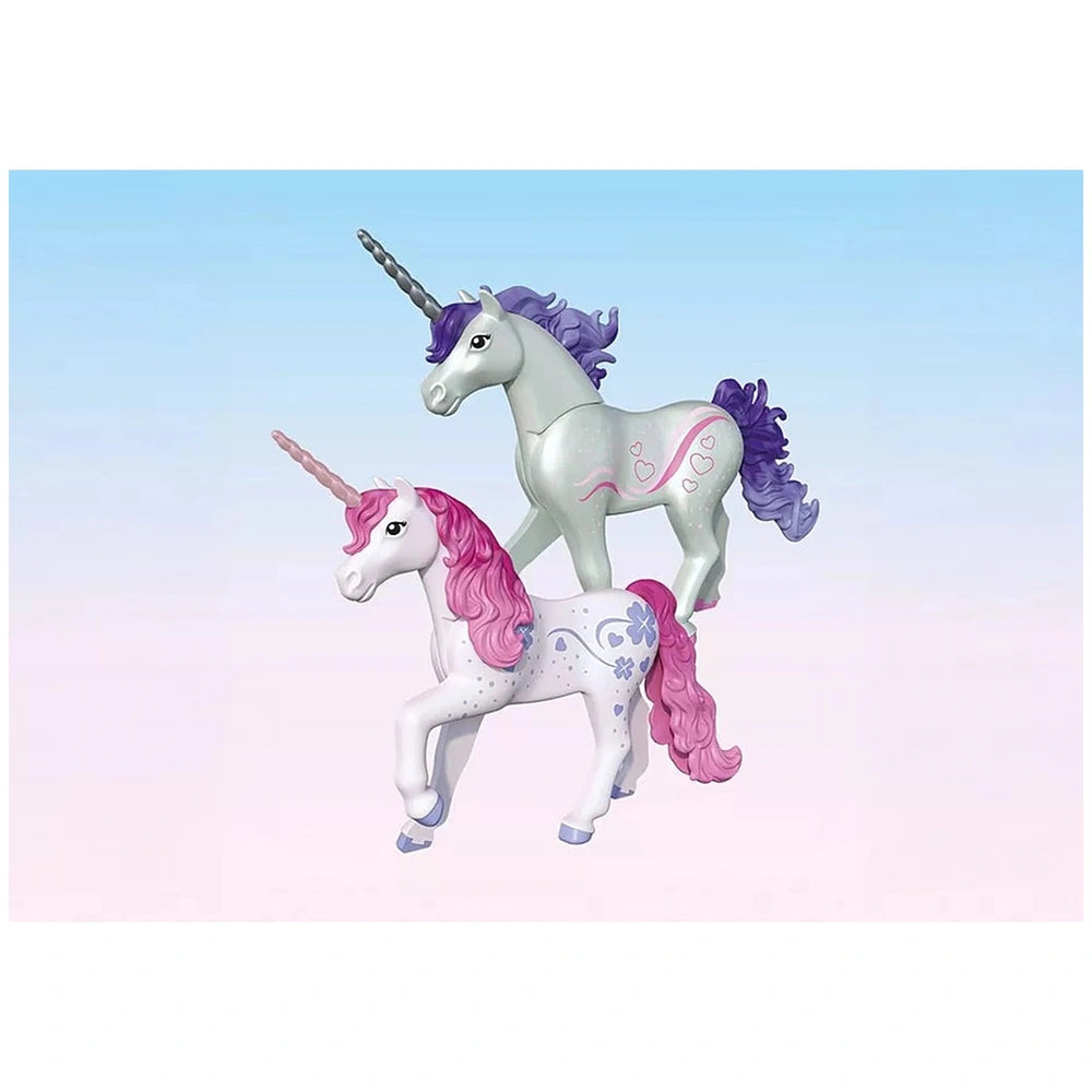 Playmobil Magic Unicorns toy playset features two glossy unicorn figurines with pink and purple manes on a light blue backgro